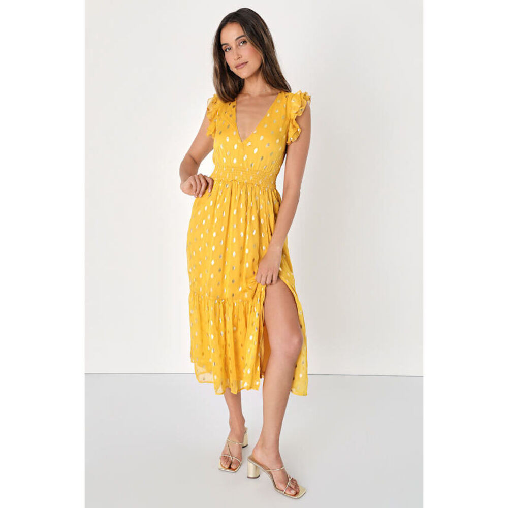 Lulus Cause To Celebrate Yellow And Gold Dot Ruffled Tiered Midi Dress - Size L